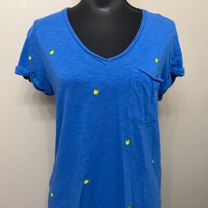 Anthropologie T.La Royal Blue V-Neck Pocket Tee with Neon Yellow Dot Details S